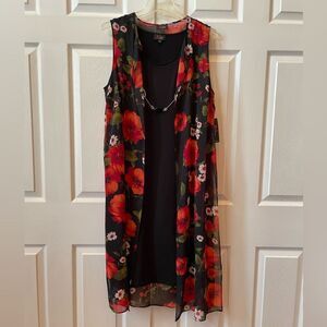 BLACK SLEEVELESS DRESS WIRH BLACK CHIFFON FLOWER PRNT SLEEVELESS DUSTER 1X